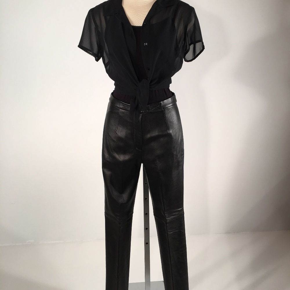New Women's Black Genuine Leather Straight Leg Pants